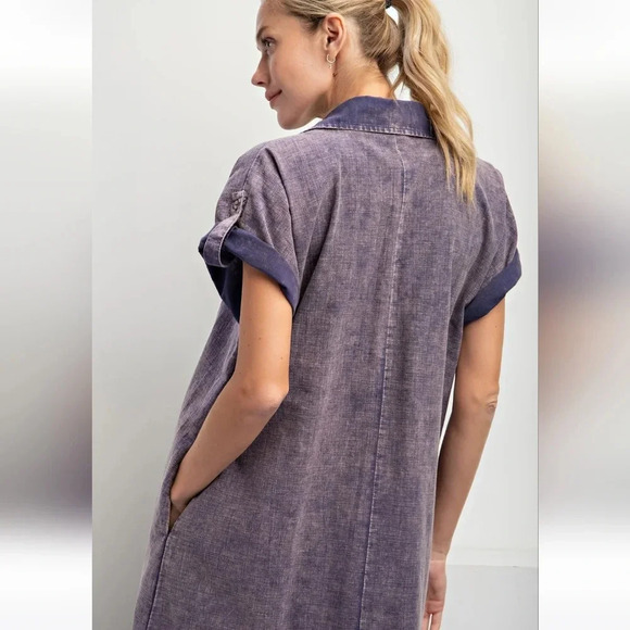New! Easel Short Sleeve Linen Blend Mineral Washed Midi Dress - Picture 2 of 5
